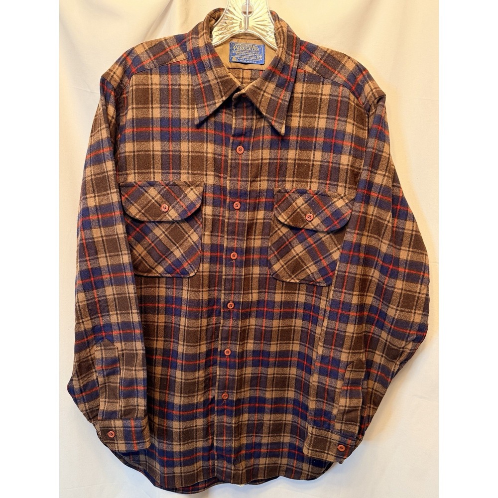 Vintage Pendleton Men's M Brown Tan Blue Plaid Shirt 100% Wool Made in USA